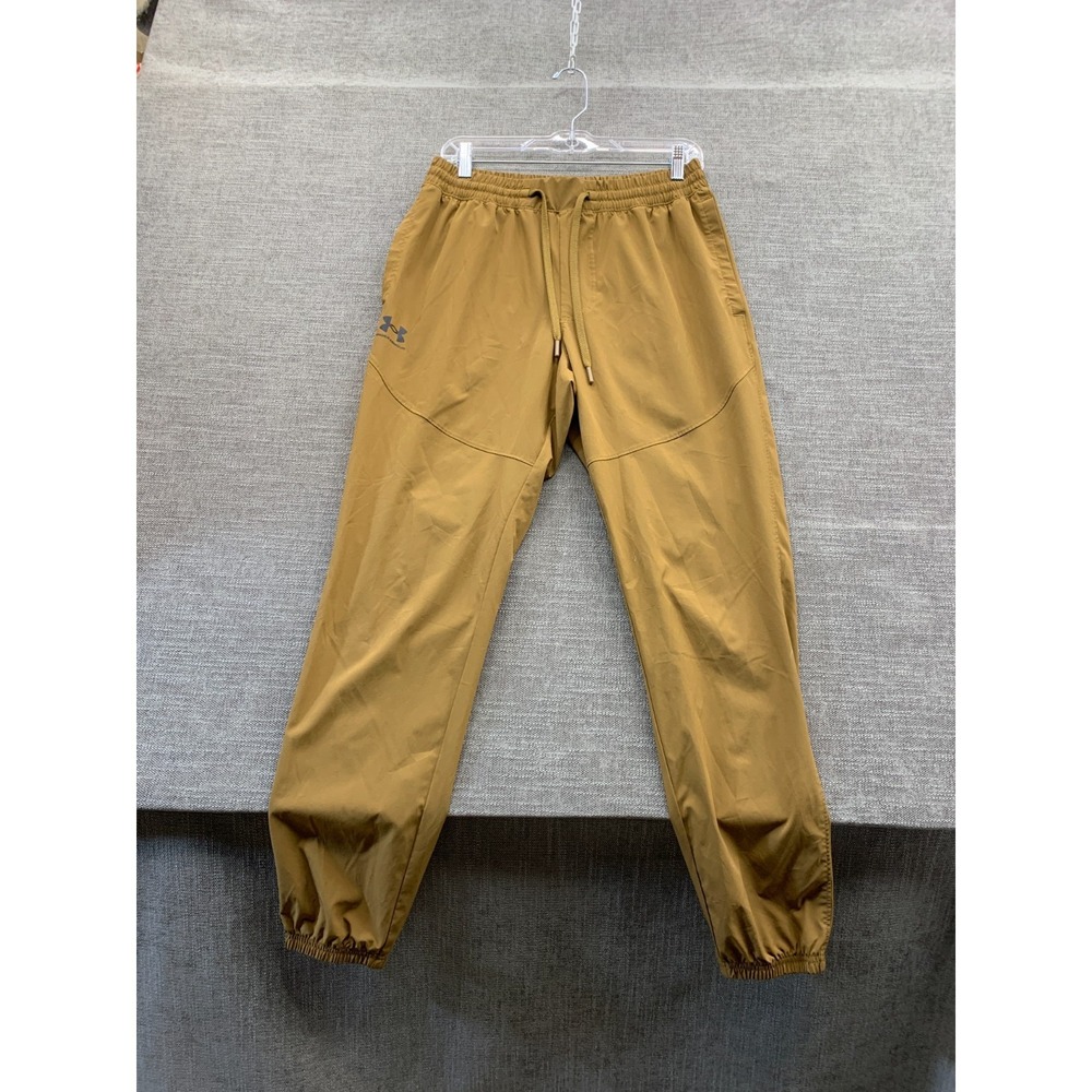 Under‎ Armour Jogger Pants Mens Medium Brown Mustard Logo Drawstring Tapered Leg